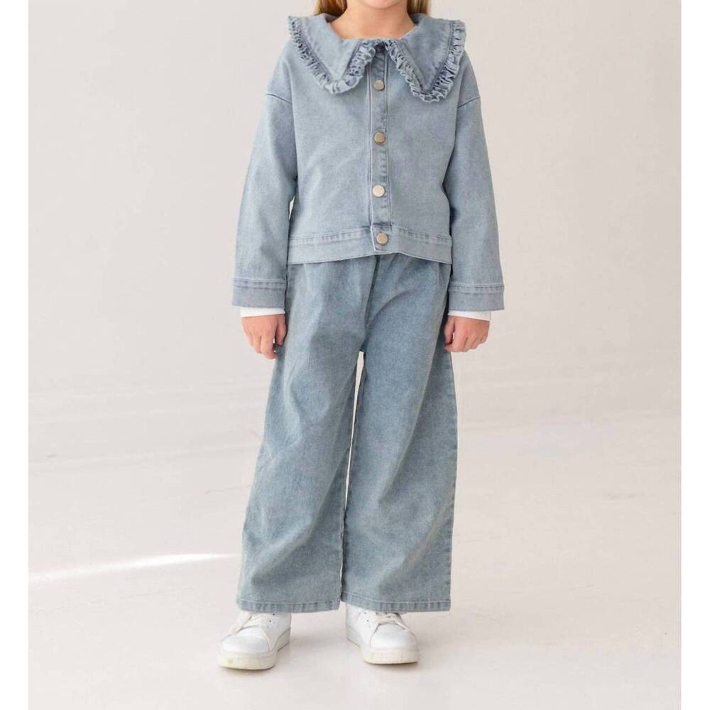 NEW MABEL + HONEY kids' denim days ruffled collar jacket in medium wash